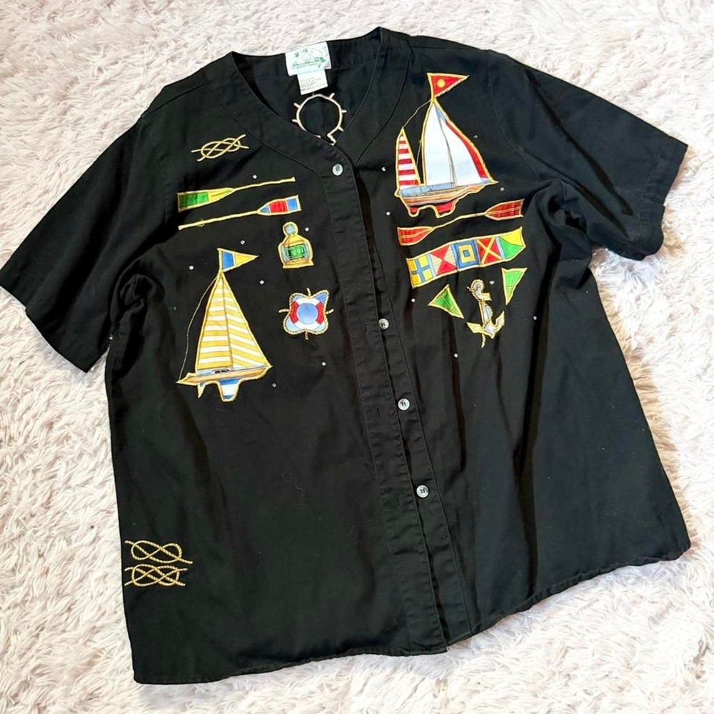 Embroidered Sailboat Yacht Eclectic Maximalist Grandma Core Weird Top Womens 1X